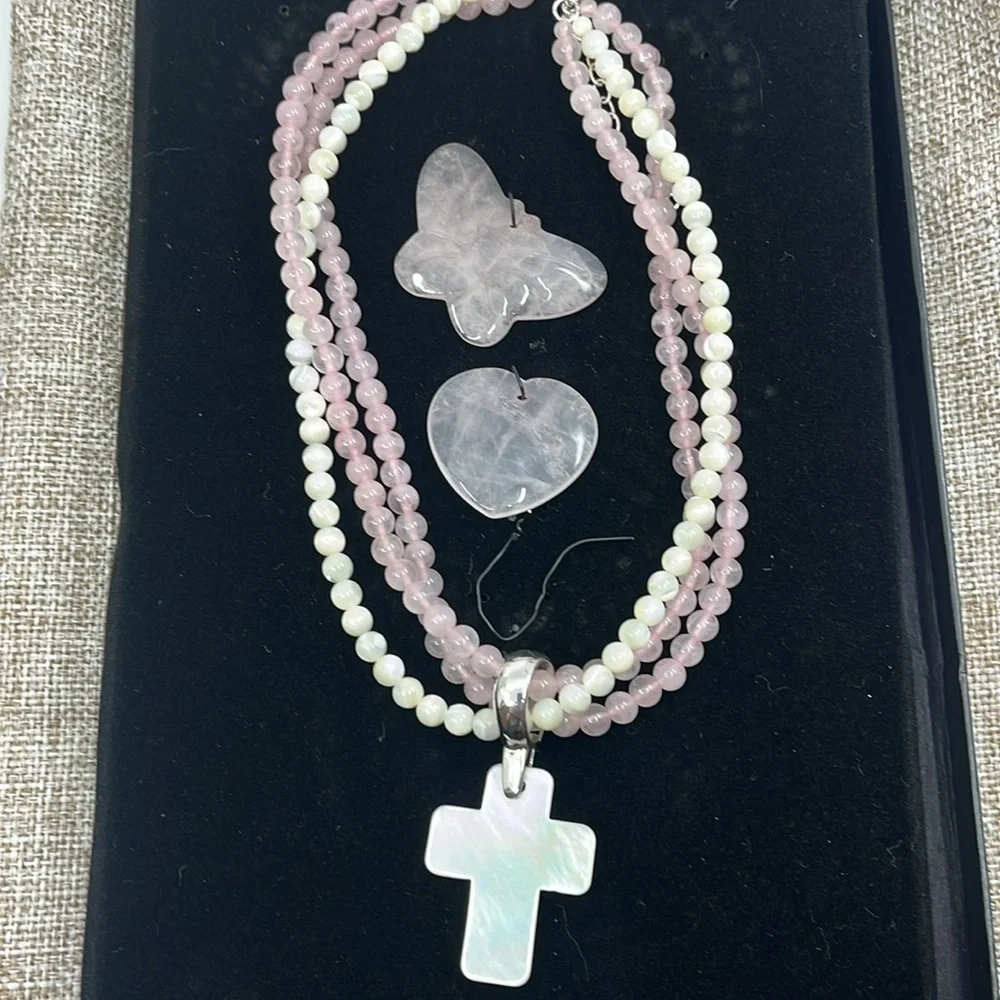 Vintage Rose Quartz Pearl Necklace Set - Mother-of-Pearl Cross Pendant - Picture 8 of 16